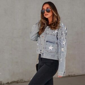 Nash Grey Distressed Denim Jacket with Stars Embroidery and Pearls Size Large